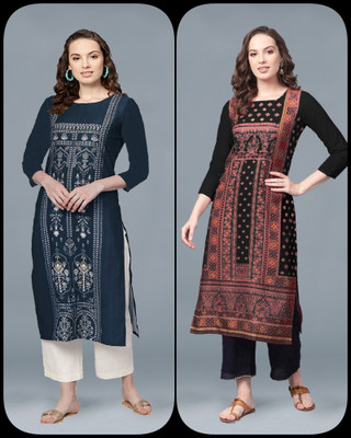 glamson Women Printed A-line Kurta(Blue)