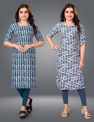 MOBHISA Women Printed Straight Kurta(Blue)