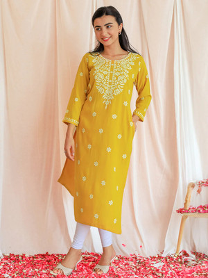 YOGESHWAR DESIGNER Women Chikan Embroidery A-line Kurta(Yellow)