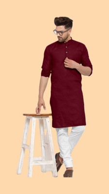 HouseOfCommon Men Solid A-line Kurta(Maroon)