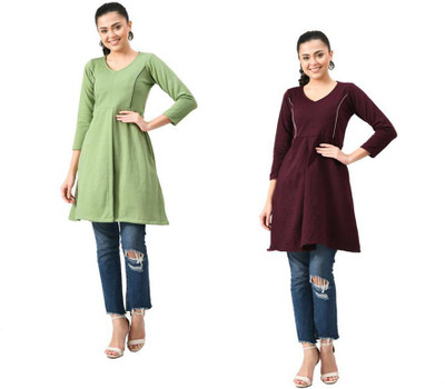 KAYU Women Solid A-line Kurta(Green, Maroon)