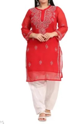 Handworkchikan Women Chikan Embroidery A-line Kurta(Red)