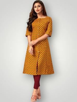ABHI FAB Women Printed Straight Kurta(Yellow)