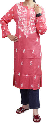 RKNMH Women Chikan Embroidery Straight Kurta(Pink)