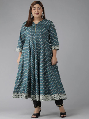 Yash Gallery Women Printed Anarkali Kurta(Green)