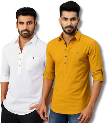 RAREMARK Men Solid Straight Kurta(White, Yellow)