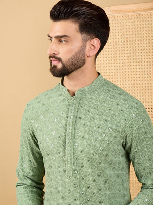 House of Pataudi Men Embroidered Straight Kurta(Green)