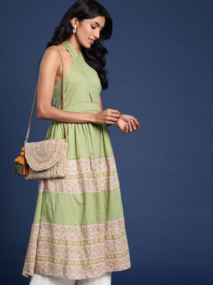 Taavi Women Embroidered A-line Kurta(Green)