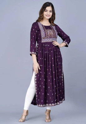 Netara Women Block Print A-line Kurta(Purple)