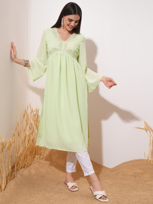 Vishudh Women Self Design Straight Kurta(Light Green)