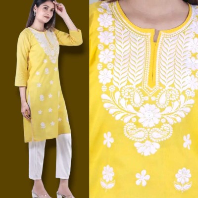 zhouse Women Chikan Embroidery Straight Kurta(Yellow)