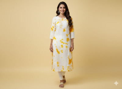 KAKKA JI COLLECTIONS Women Dyed/Ombre, Embroidered, Printed Straight Kurta(Yellow)