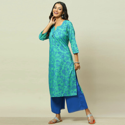 RANGRITI Women Printed Straight Kurta(Green)