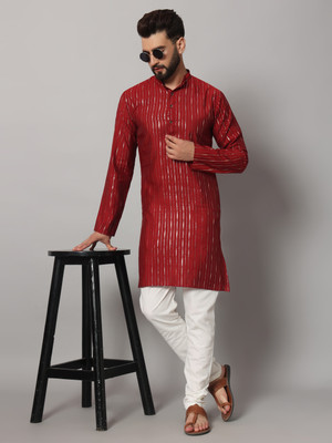 rutva Men Striped Straight Kurta(Maroon)