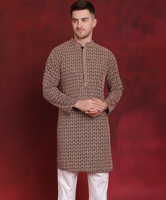 Jompers Men Embroidered Straight Kurta(Black, Pink)