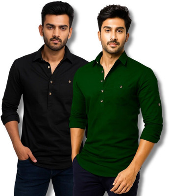 MANCHESTER & CO Men Solid Straight Kurta(Black, Grey)