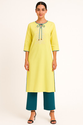 Cloth Stories Women Embroidered Straight Kurta(Yellow)