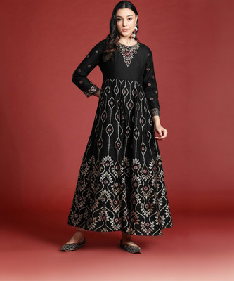 ANOUK Women Printed Anarkali Kurta(Black)