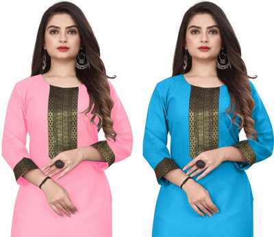 HF HOLYDAY FASHION Women Woven Design Straight Kurta(Pink, Light Blue)