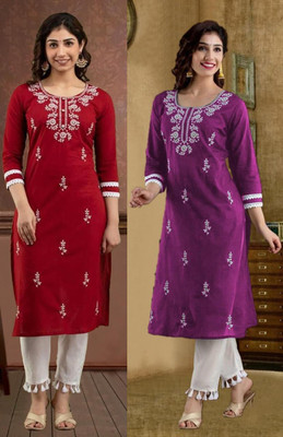 vikshi Women Embroidered Straight Kurta(Multicolor)