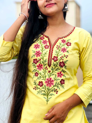 satbir Women Embroidered, Floral Print A-line Kurta(Yellow)