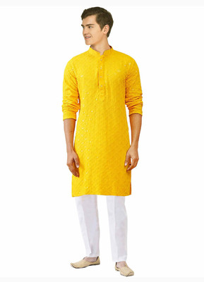 Anaya Azrin Men Embroidered, Embellished Straight Kurta(Yellow)