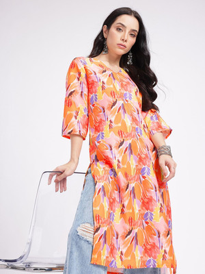 Anouk Rustic Women Floral Print Straight Kurta(Orange)