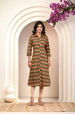 Kannahi Women Block Print A-line Kurta(Green)