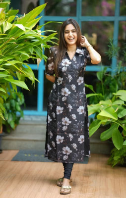 fabrictextile Women Printed Straight Kurta(Grey)