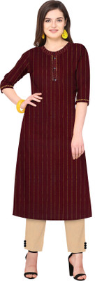 N A TEX Women Striped A-line Kurta(Maroon)