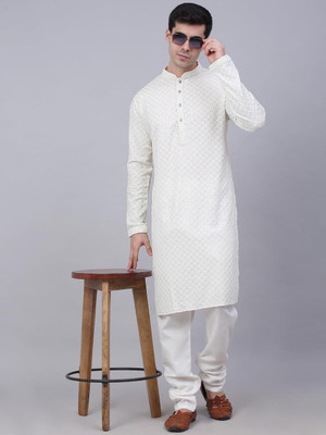 ShivLeela Men Chikan Embroidery A-line Kurta(Blue)