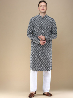 ANOUK Men Geometric Print Straight Kurta(Black)