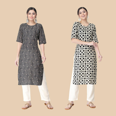 1 Stop Fashion Women Printed Straight Kurta(Black, White)