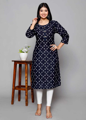 Ngang Women Printed Straight Kurta(Dark Blue, White)