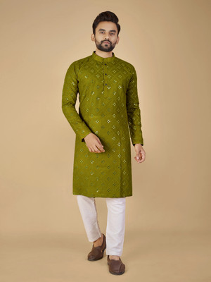 Vijay Enterprise Men Embellished Straight Kurta(Green)