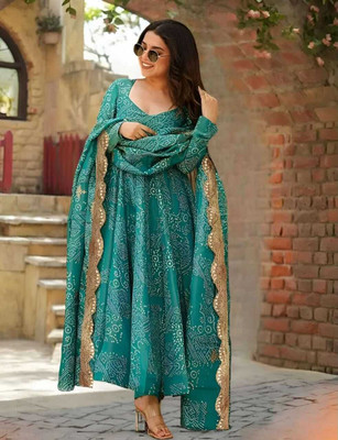 SREJAIPUE Women Bandhani Anarkali Kurta(Green)