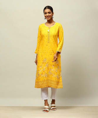 RANGRITI Women Printed Straight Kurta(Yellow)