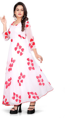 Kayatextile Women Floral Print Anarkali Kurta(White)