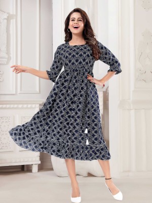 RibNee Women Printed Flared Kurta(Blue, White)