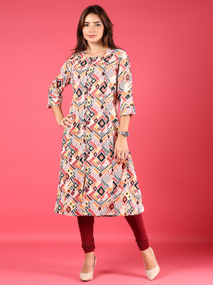 V-MART Women Printed A-line Kurta(Orange)