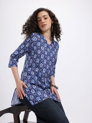 Anouk Rustic Women Printed Straight Kurta(Blue, White)