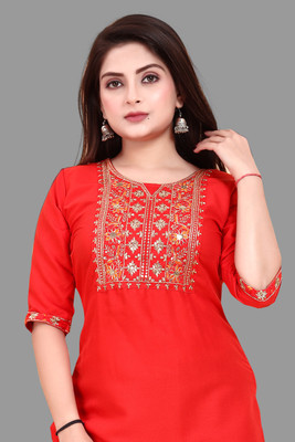 AKK Enterprise Women Embroidered A-line Kurta(Red)