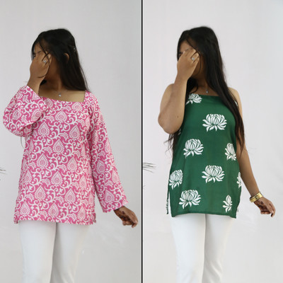 aanzri Women Printed, Paisley, Floral Print Straight Kurta(Pink, Green)