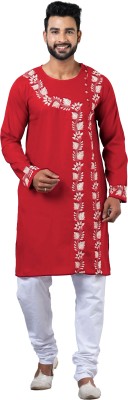 tant ghar Men Chikan Embroidery Trail Cut Kurta(Red)