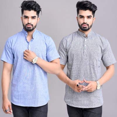 QuaClo Men Solid Straight Kurta(Blue, Grey)