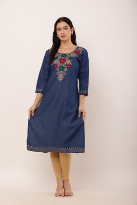 Wishmore Creation Women Embroidered A-line Kurta(Blue)