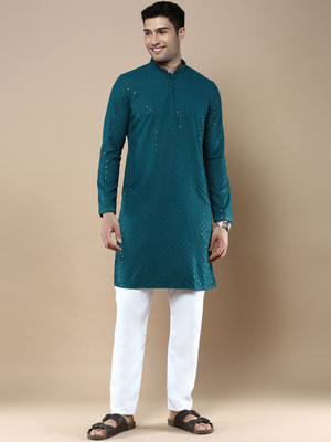 ANOUK Men Woven Design Straight Kurta(Blue)