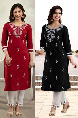 vikshi Women Chikan Embroidery Straight Kurta(Multicolor)