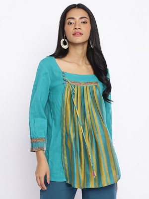 Fabindia Women Printed Flared Kurta(Blue)