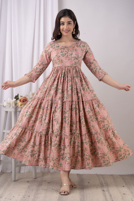 Cotnon Women Printed Anarkali Kurta(Pink)